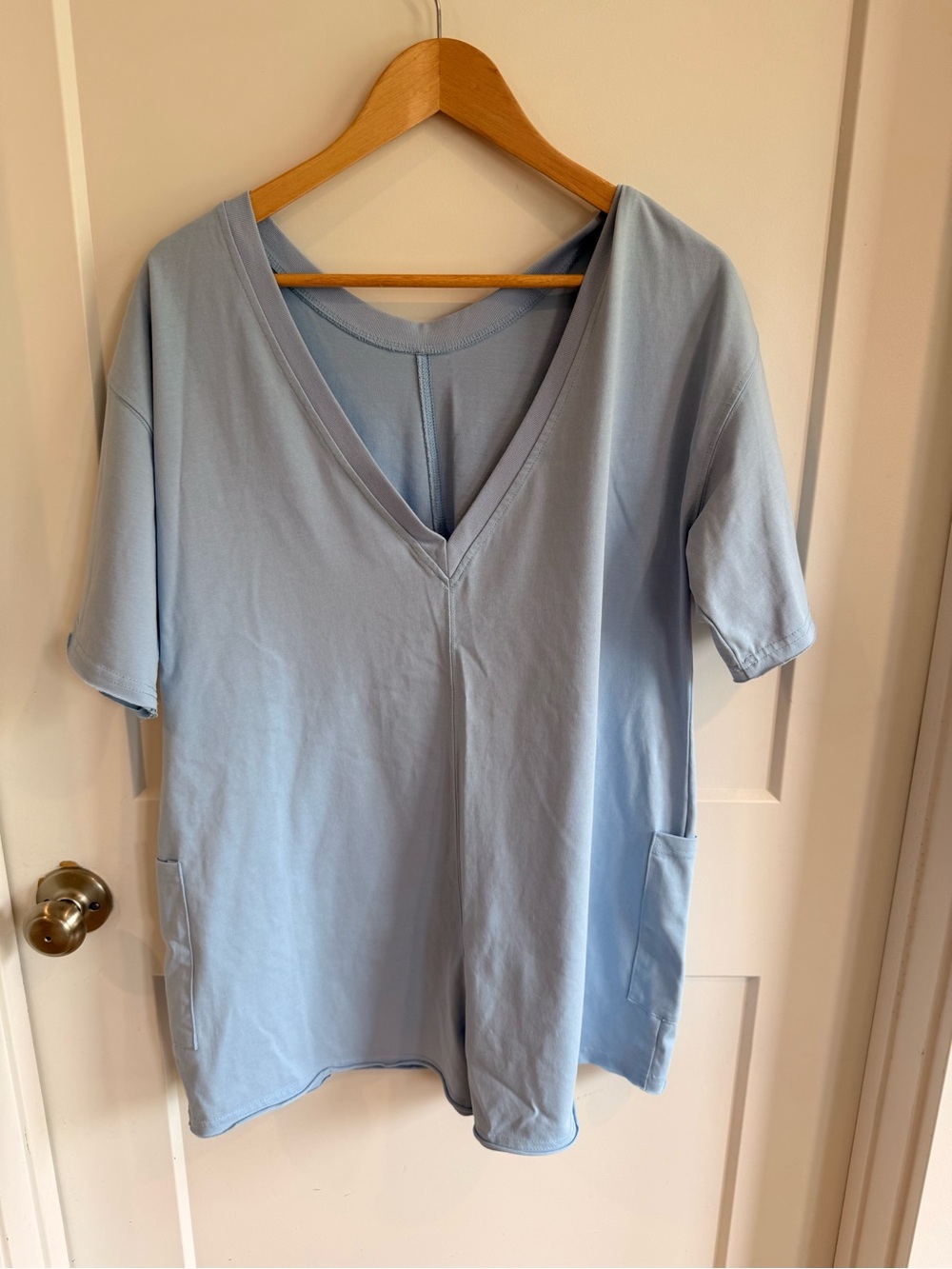 Light Blue V-Neck Jumpsuit Shorts Romper with Pockets. Reversible! See notes.